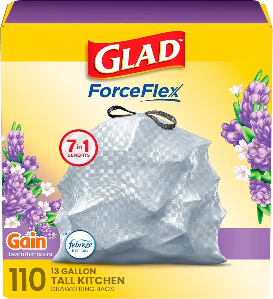 Glad ForceFlex Tall Kitchen Trash Bags, 13 Gal, Gain Lavender with Febreze, 110 Ct (Pack May Vary)