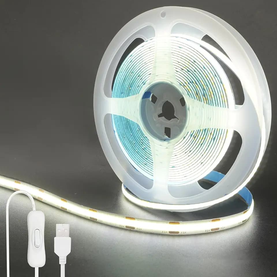 5V USB COB LED Strip Lights with Switch 2Packs,6.56FT/2M,Cool White 6500K,320LEDs/M,8mm Width,Not Waterproof IP20,1M USB Cable,for DIY Home Indoor Decoration