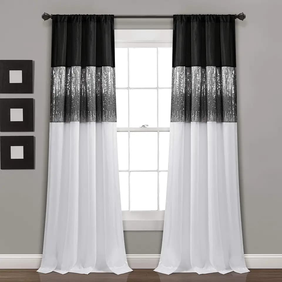 Lush Decor Night Sky Window Curtain Panel, Single 42"W x 84"L Black & White - Sequin Backdrop Curtain - Room Darkening Curtains For Bedroom - Glam Decor