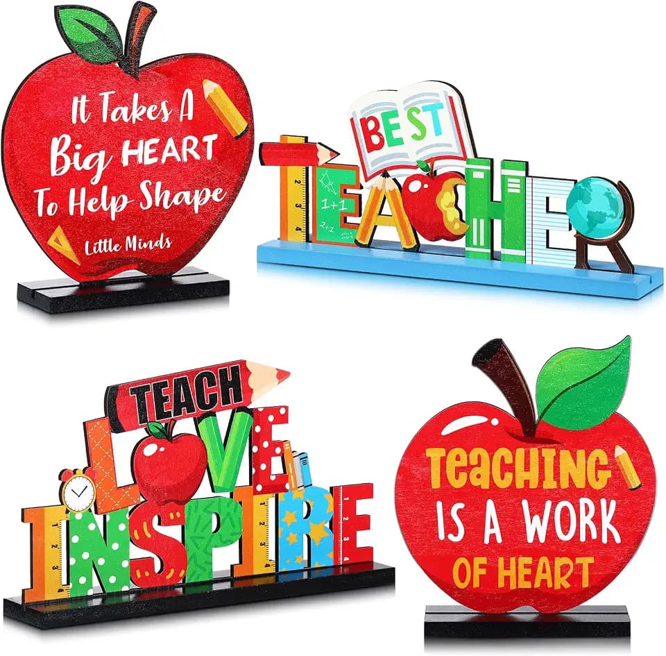 Jetec 4 Pack Teacher Appreciation Table Centerpieces, Wooden Teacher Appreciation Week Table Decorations Wood Desk Signs Thank You Gifts for End of Year Graduation Gifts from Students