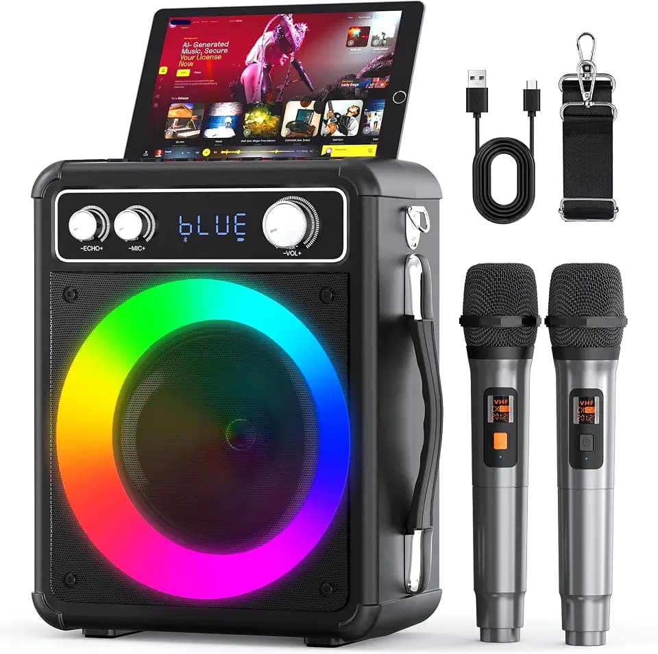 Tragbare Karaoke Maschine mit 2 Drahtlosen Mikrofone, Ankuka 15W Bluetooth Lautsprecher Box für Erwachsene/Kinder mit LED Lichteffekte, Unterstützt TF/USB, FM, Rec, AUX in, TWS für Party, Geburtstag