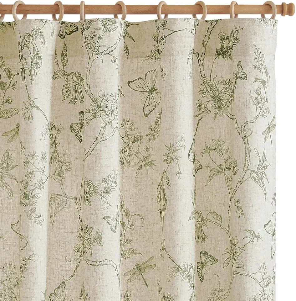 jinchan Green Floral Linen Curtains Lined 96 Inch Vintage Back Tab 2 Panels