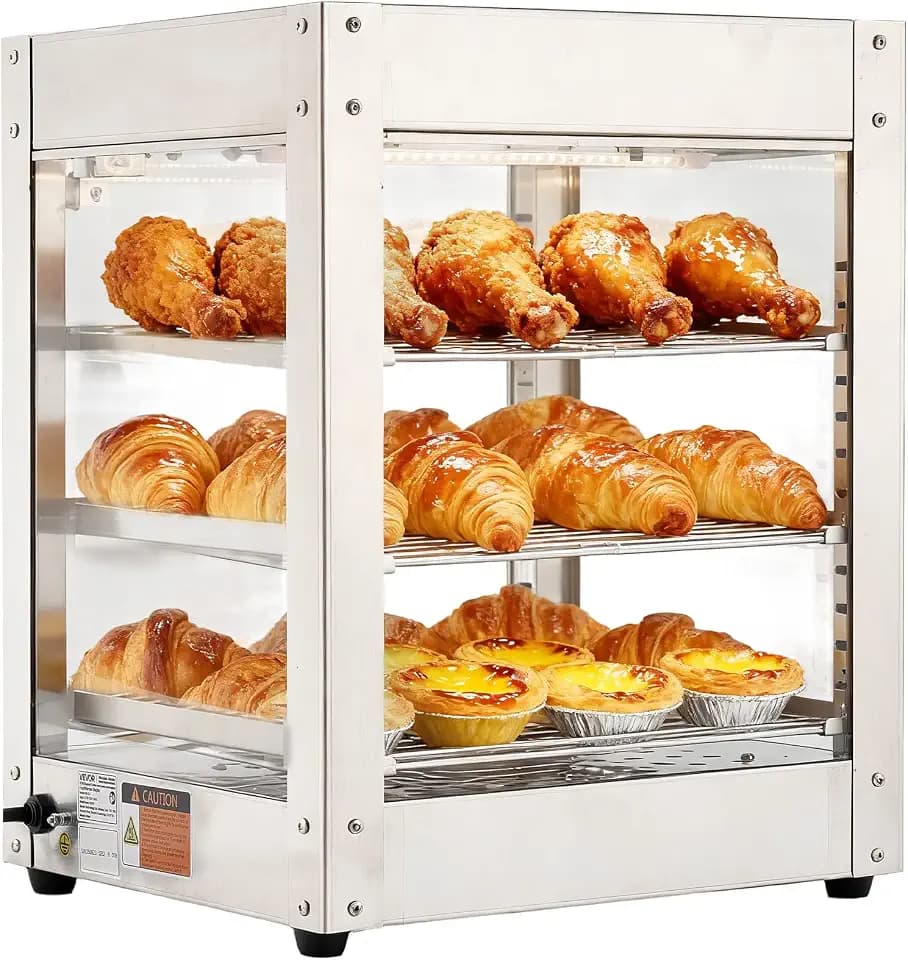 VEVOR 3-Tier Commercial Food Warmer Display, 800W Food Display Warmer with LED Light, Adjustable Shelf and Stainless Steel Frame, 86℉~185℉ Air Heating, 34L for Hamburger, Pizza, Bread, Fried Chicken