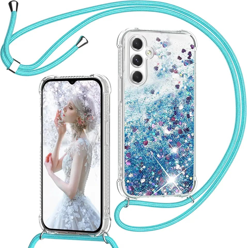 TUUTPU Handyband für Samsung Galaxy A16 5G/4G Hülle mit Band, Glitzer Treibsand Handyhülle mit Kordel zum Umhängen Transparent Stoßfest Schutzhülle mit Kette Schnur, Quicksand Necklace Case in Blau