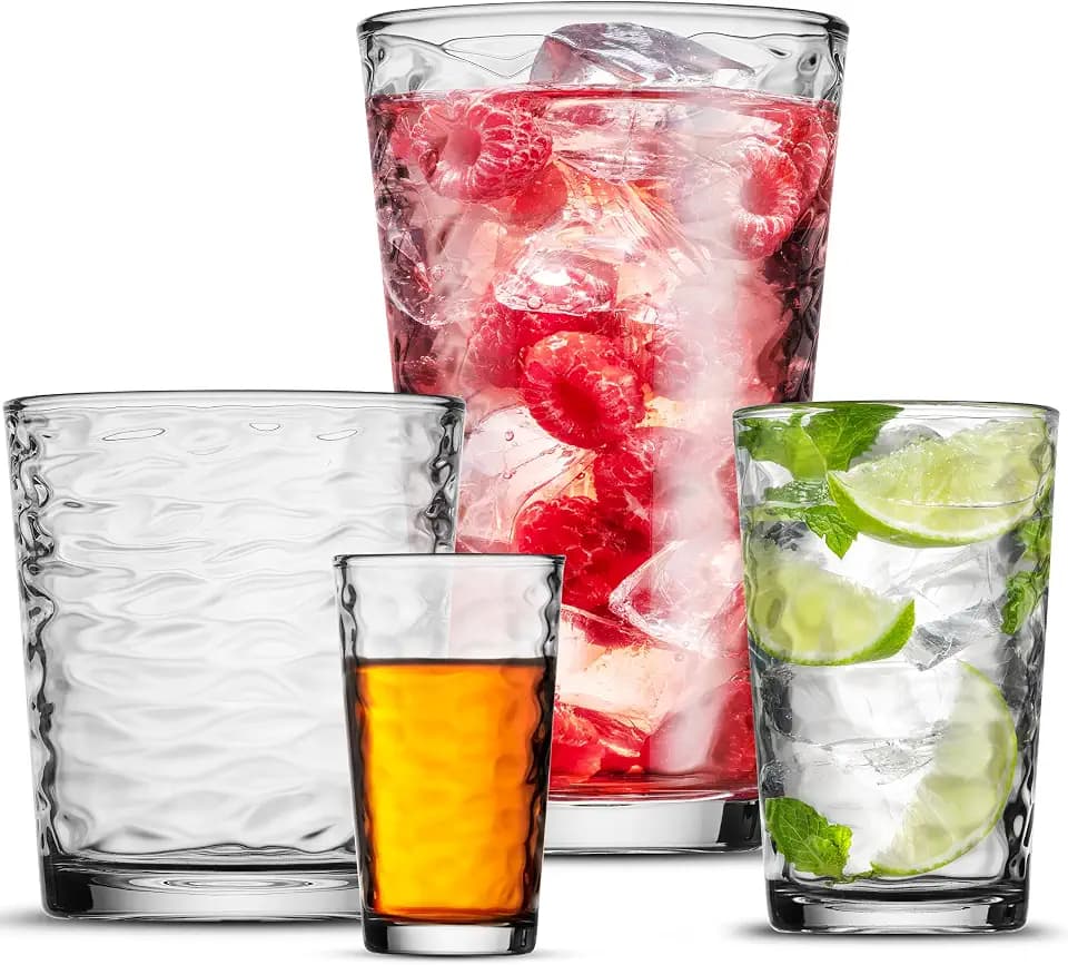 Biscayne 24-Piece Family Drinking Glasses Set - Drinking Glassware Set with Highball Cooler, DOF (Double Old Fashioned), Juice Glasses and Shot Glasses - 6 Each