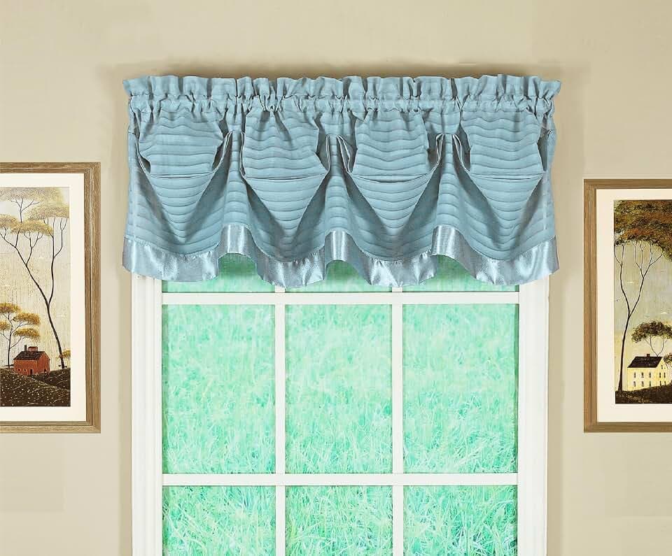 Today's Curtain, Silhouette Stripe Sheer Valance Tucked 14", Blue, 60" W x 14" L