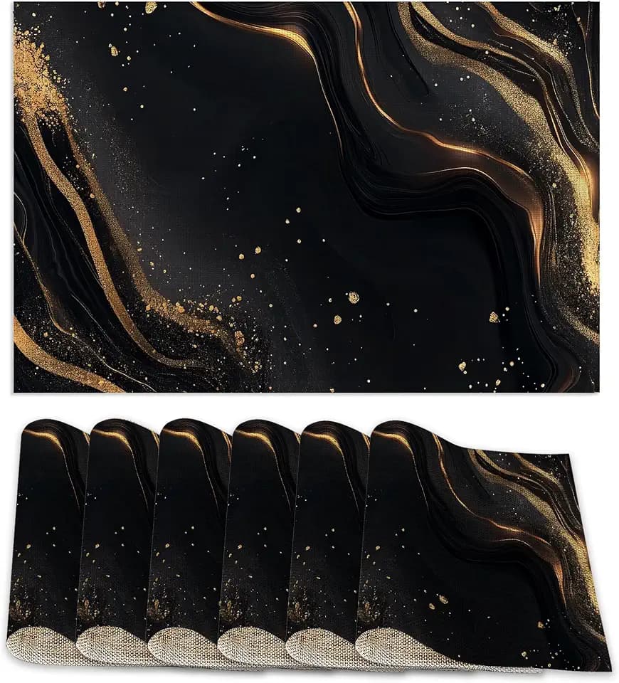 Abstract Marble Placemats Set of 6,Gold Black Waterproof Non-Slip Washable Table Mats for Kitchen Dining Holiday Party Wedding Decor 12x18 Inch