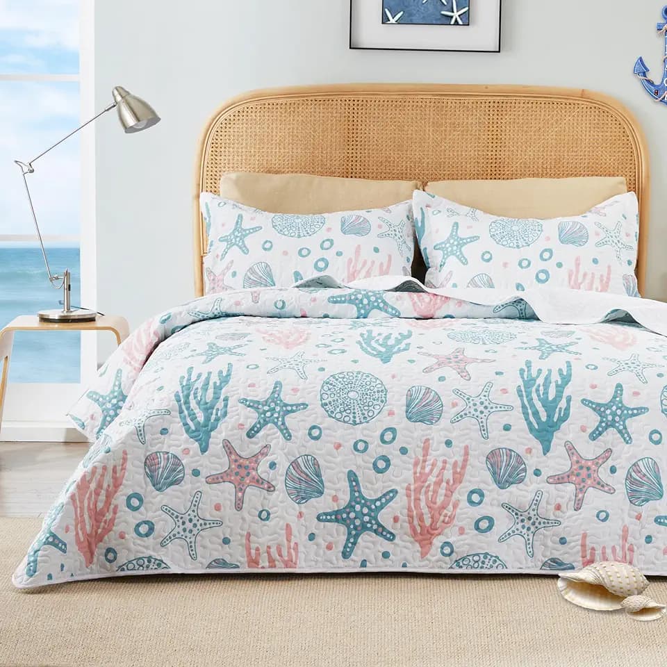 Love's cabin Twin Quilt Bedding Set Coastal Pink Bedspreads - Soft Bed Summer Beach Nautical Quilt Lightweight Bedspread- Reversible Bedding Coverlet for All Season - 2 Piece