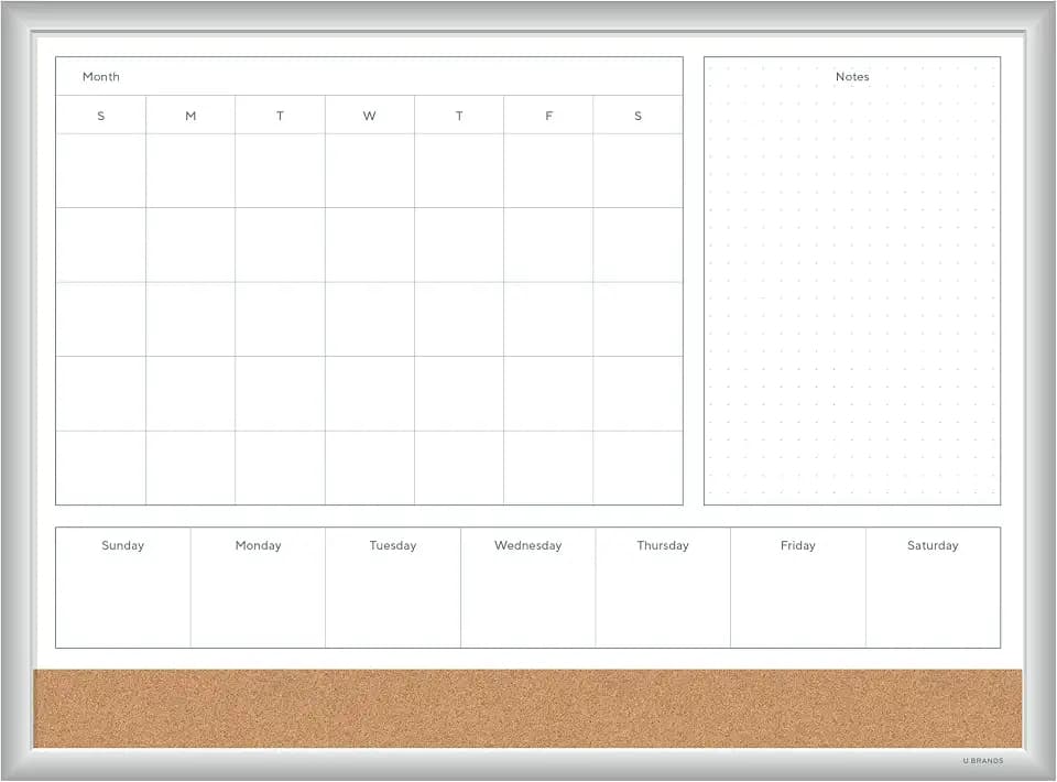 U Brands Magnetic Dry Erase 4-in-1 Calendar White Board, 24" x 18", Silver Aluminum Frame
