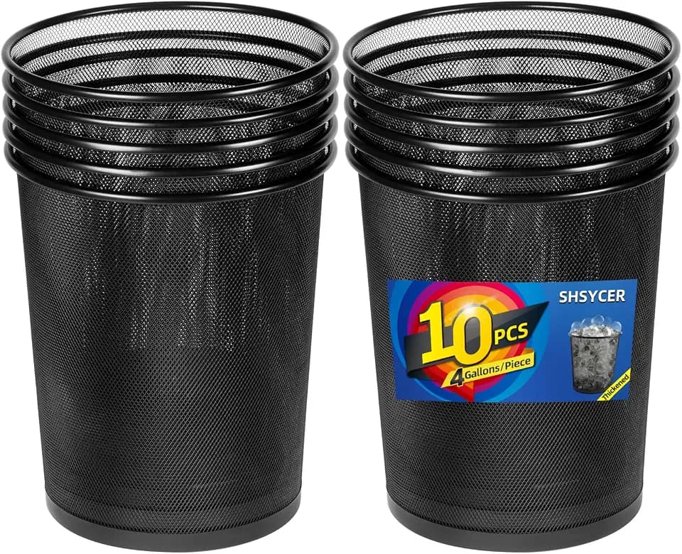 Black Mesh Trash Cans 4 Gallon, 10 Pack, Metal Wire Wastebaskets, Waste Basket Trash Can, Small Trash Cans, Recycling Garbage Container Bin for Office, Home, Bedroom