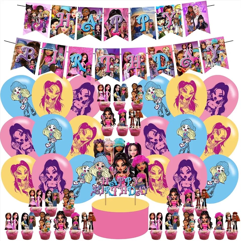 Bratzz Birthday Party Supplies,Bratzz Girls Balloons Decorations for Cartoon Party Happy Birthday Banner Balloons, Cupcake Toppers, Cake Toppers