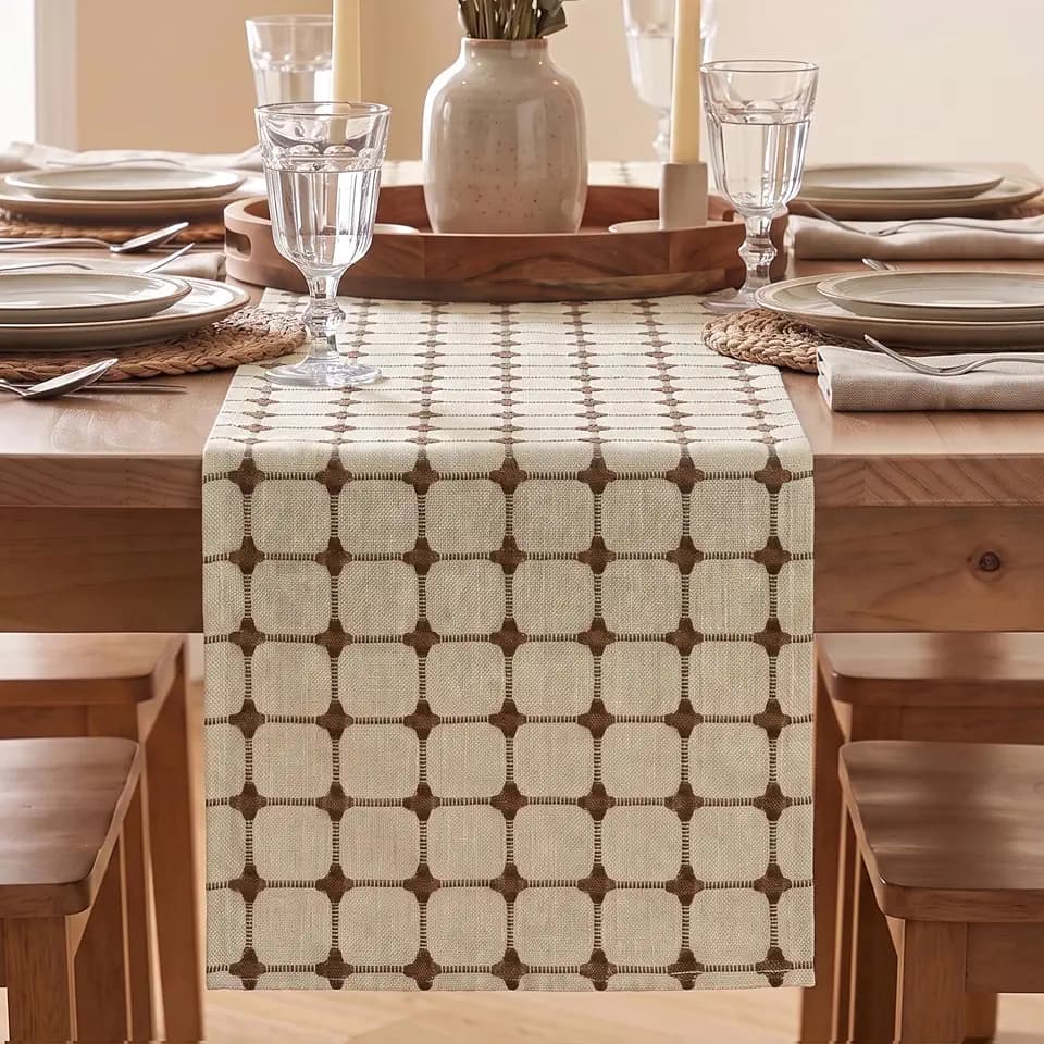 Artoid Mode Beige Brown Rustic Plaid Farmhouse Table Runner, Seasonal Embroidered Kitchen Dining Table Decoration for Home Party Decor 12x72 Inch