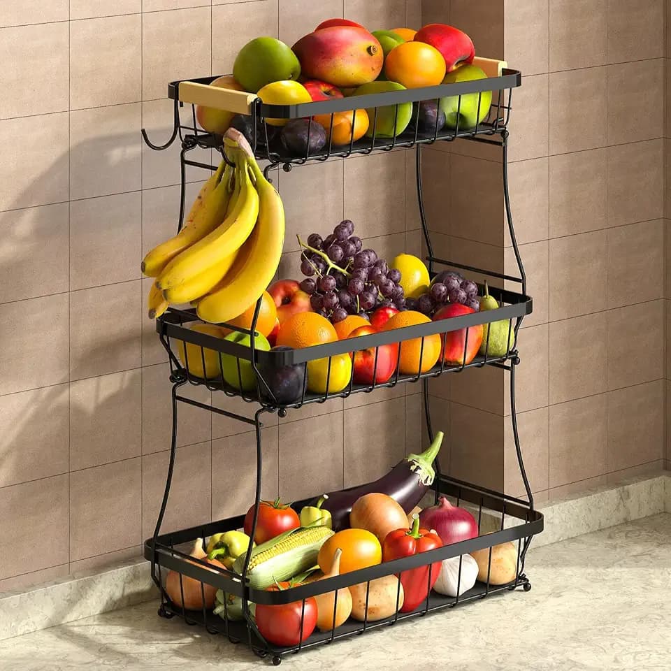 Sevenblue 3-Tier Fruit Basket with Banana Hangers, Detachable Metal Bowl