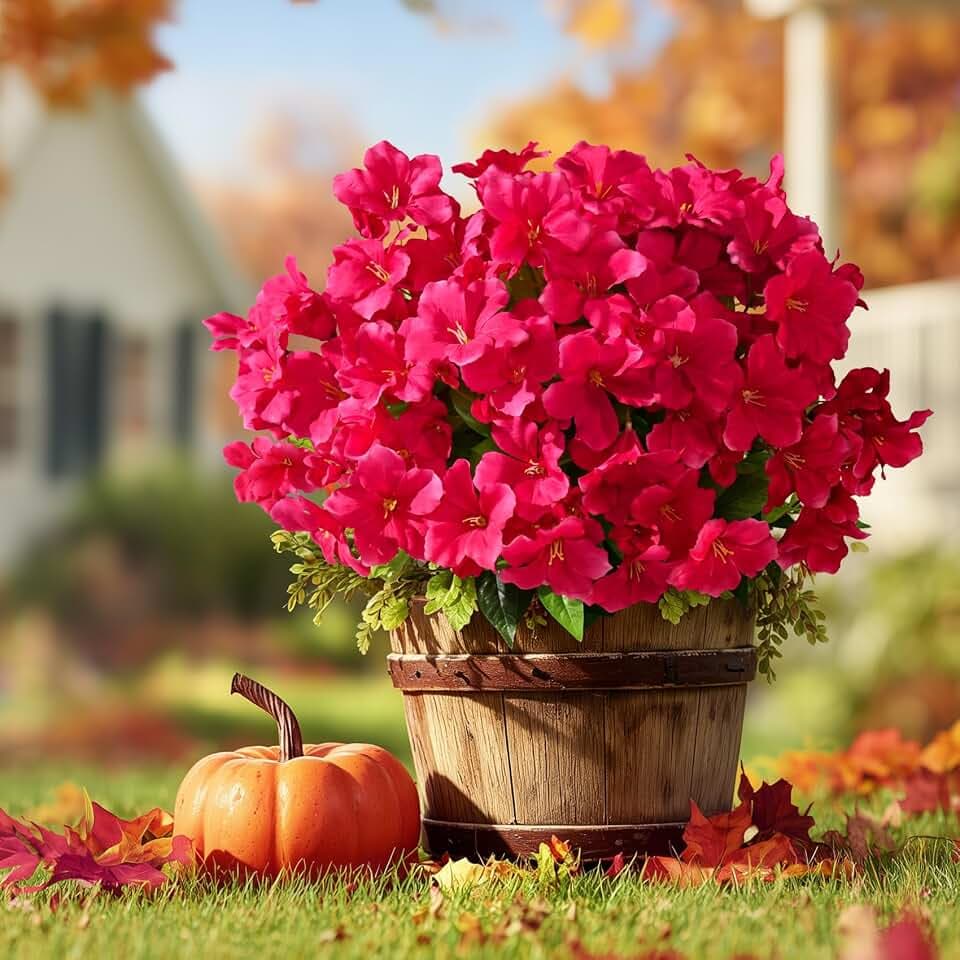 Artificial Azalea Flowers for Outdoors 4 Bundles Fake Silk Azalea Bouquet Faux Flower Plants Realistic Fake Flowers for Planter Front Door Patio Garden Box Balcony Walkway Home Decor (Rose Red)