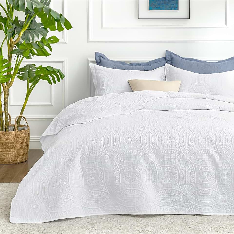 Love's cabin Quilts for Queen Bed White Bedspreads - Soft Bed Summer Quilt Lightweight Microfiber Bedspread- Modern Style Coin Pattern Coverlet for All Season - 3 Piece (1 Quilt, 2 Pillow Shams)