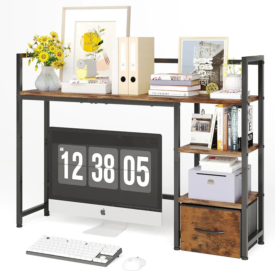 Desk Shelf with Drawer, 41.3" Desktop Organizer Shelf, Desk Hutch for Computer Monitor Max 32", 3 Tier Desktop Display Rack, Wooden Desk Top Bookshelf Storage Rack for Home Office Dorm, Rustic Brown