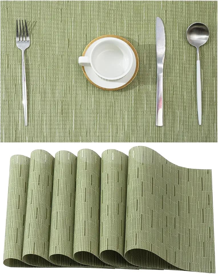 Pea Green Placemats Set of 6 - Heat Resistant Non-Slip Place mats for Dining Table, Washable Durable PVC Vinyl Woven Table Mats(Pea Green, 6)