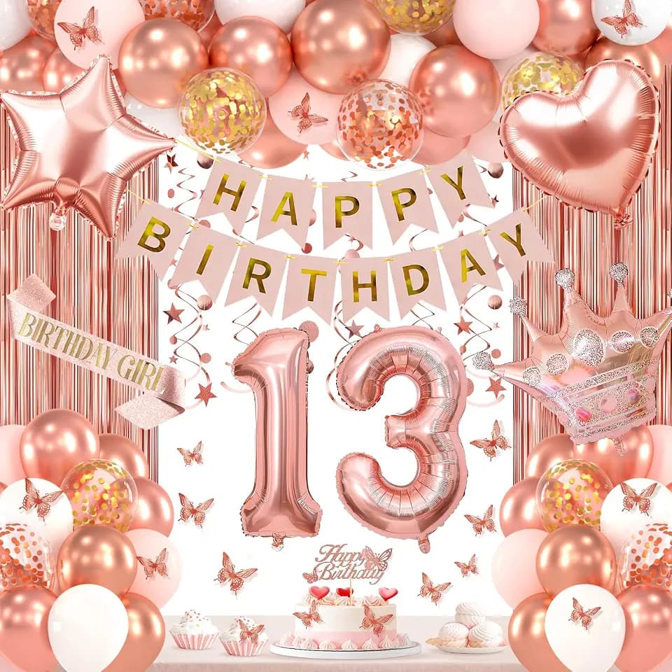 13th Birthday Decorations for Girls, Rose Gold 13 Birthday Party Decorations Include Heart Star Foil Confetti Balloons, Rose Gold Fringe Curtain, Hanging Swirls
