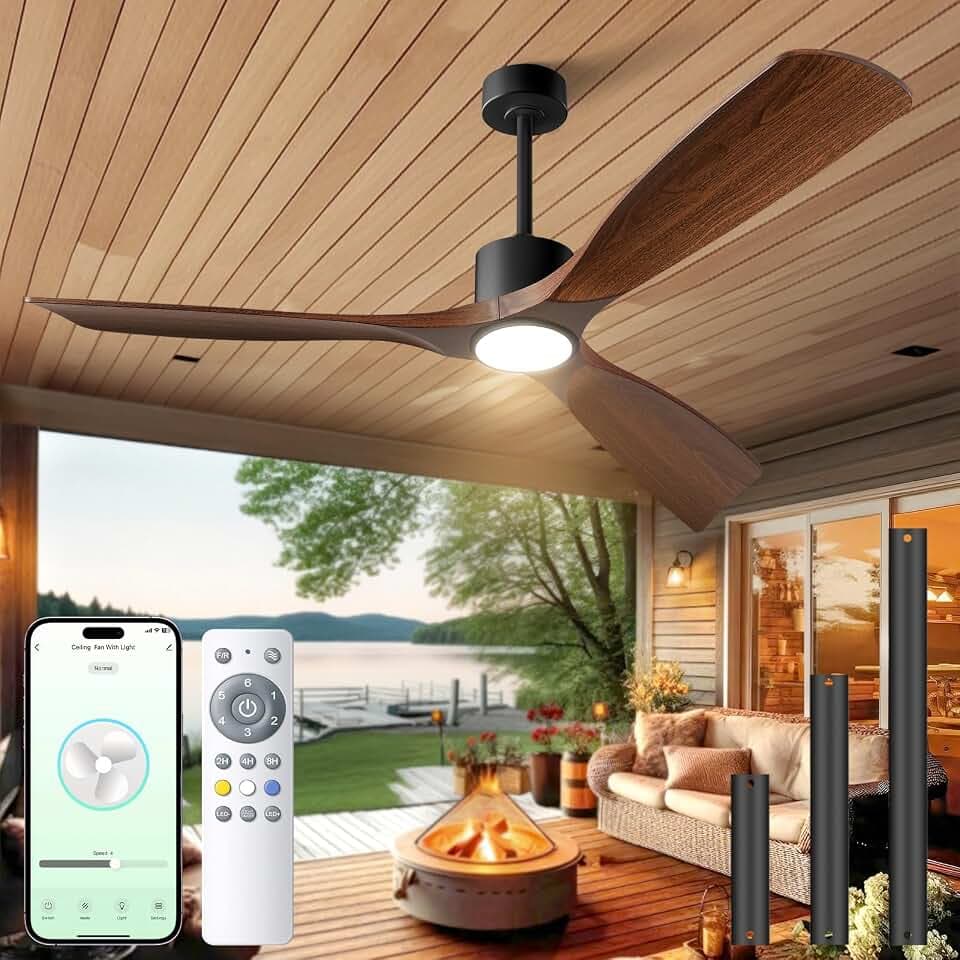 60" Ceiling Fan with Lights,Outdoor Smart Ceiling Fan Compatible with Alexa/Gg/App/Remote,3-Color Light Dimmable 6-Speed Quiet Reversible for Patio Porch Living Room,Dark Walnut