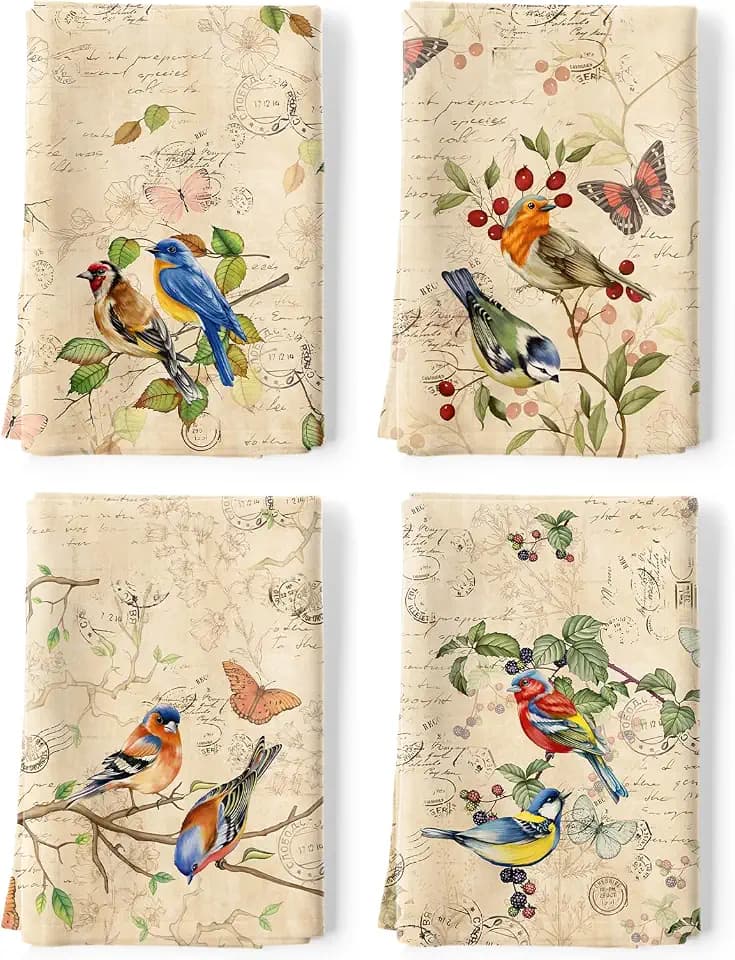 Vintage Birds Tea Towels Set of 4, 100% Cotton, 18.9 x 27.5 Inch
