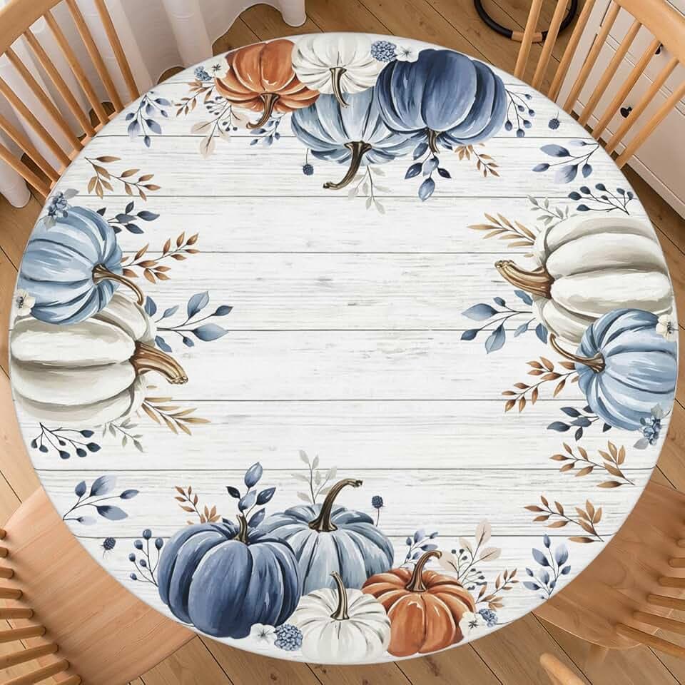 Fall Blue Pumpkin Round Fitted Tablecloth with Elastic Edge Watercolor Thanksgiving Waterproof Table Cover for 40"-44" Autumn Leaves White Wood Kitchen Picnic Party Outdoor Home Decor