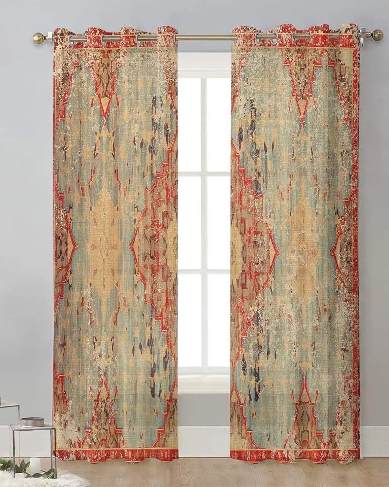 Geometric Boho Sheer Curtains 84 Inch Length 2 Panels Set, Grommet Kitchen Curtains Sheer Window Curtain for Living Room Bedroom Light & Airy Privacy Drapes Rustic Bohemian Floral Tribal Orange