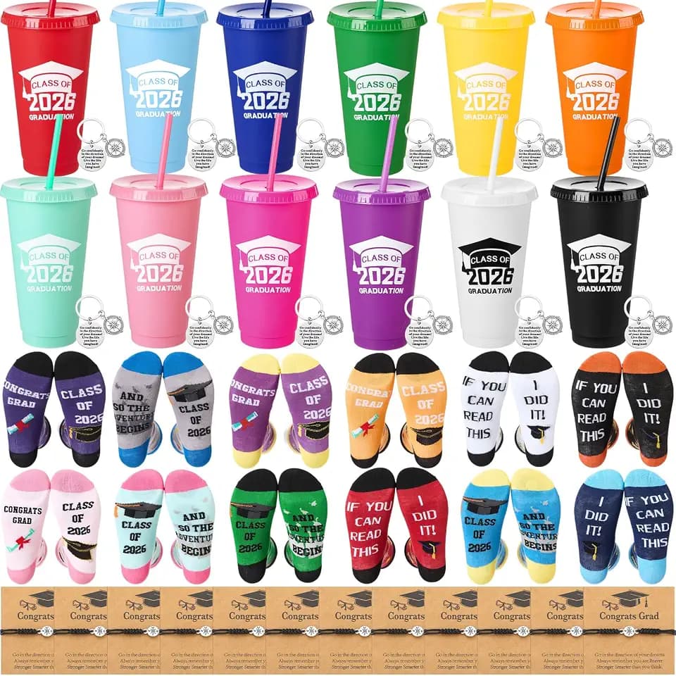 Suclain 48 Pcs Graduation Gifts Set, Cups Lid Straw Socks Keychains Card