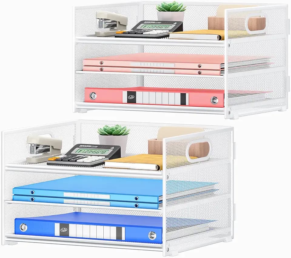 Paper Organizer with Handle,2P-3 Tier Letter Tray White Desk Organization
