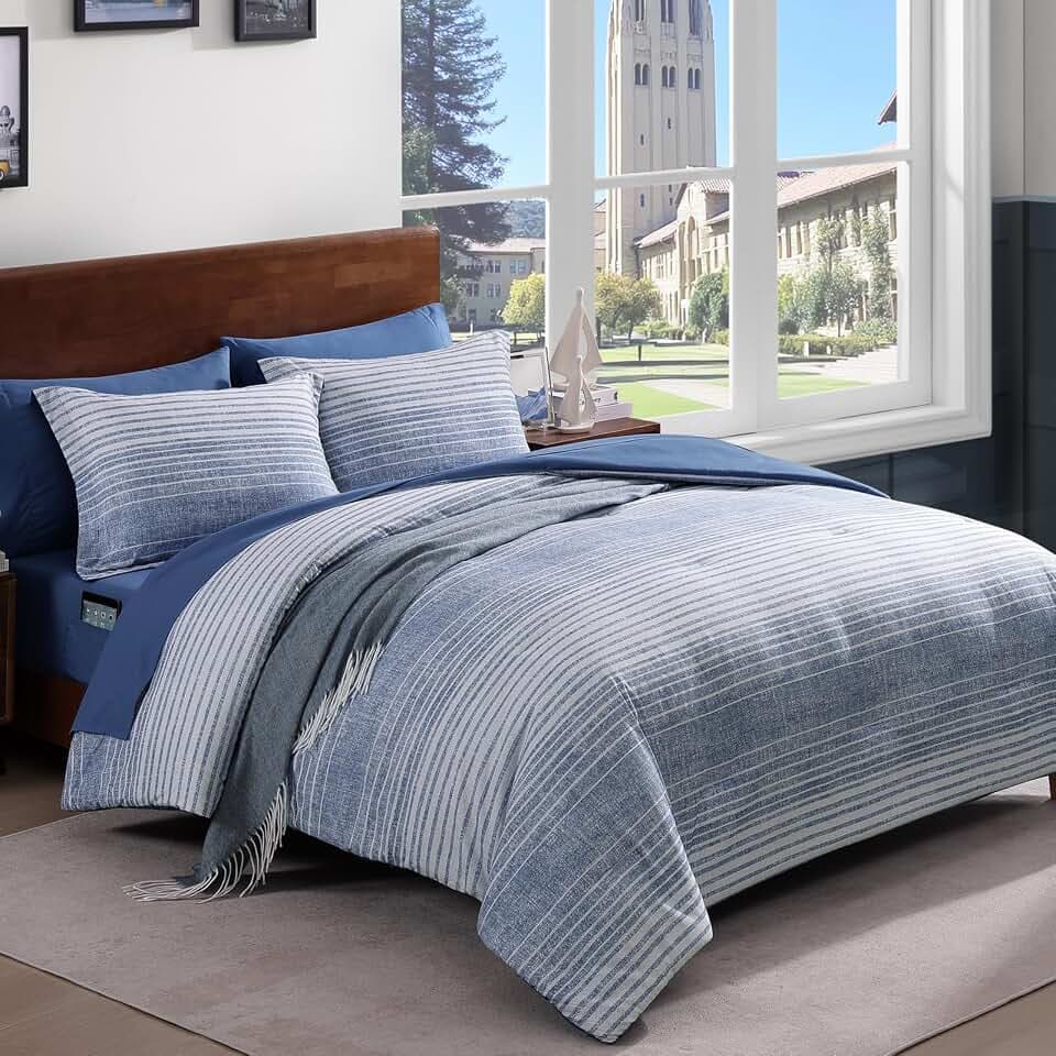 Twin XL Comforter Set Striped Ocean Blue 5 Pieces College Dorm Bed in a Bag