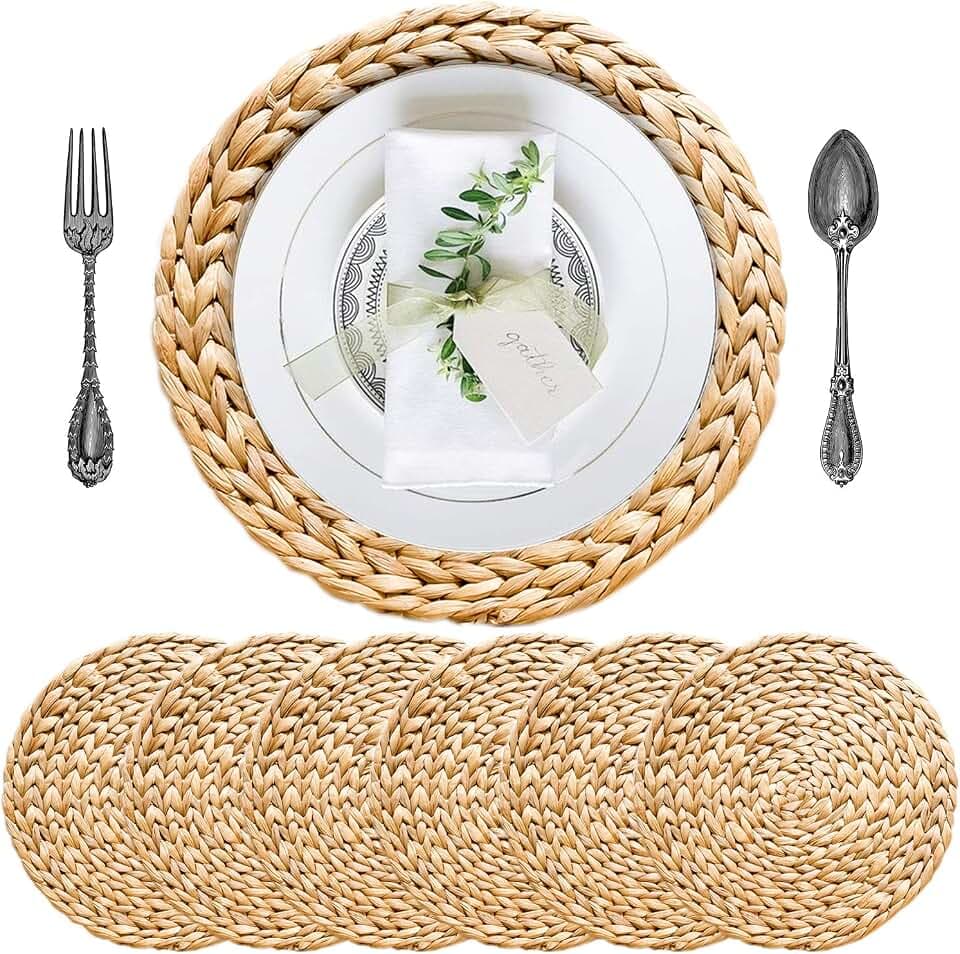 Small Round Placemats Set of 6, 11.8 Inch Water Hyacinth Woven Mats for Salad and Dessert Plates, Bistro Table, Kitchen Island and Bar Counter, Handwoven Wicker Boho Kitchen Decor (Not Charger Size)