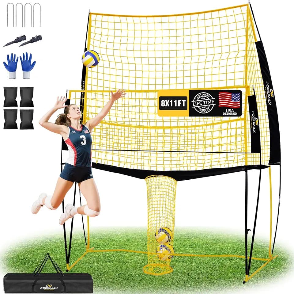 PodiuMax Volleyball Training Equipment, 11x8FT Adjustable 6.5–8 ft, Volleyball Practice Net for Serve & Spike, 2-in-1 Train & Play, Fast Setup, Stable Frame Training Net for Backyard Indoor Outdoor