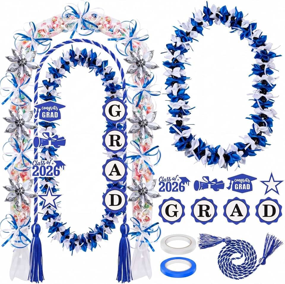 Tigeen 16 Pcs Graduation Ribbon Candy Leis 2026 Making Kit, Blue and White