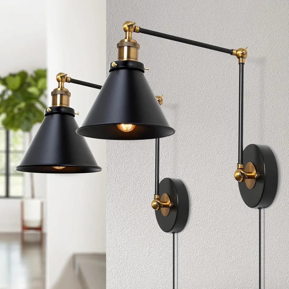 Wall Sconces Lighting 2 Pack, Plug in or Hardwired Adjustable Black Swing Arm Wall Lamp with Antique Brass Finish for Bedroom, Living Room and Kitchen