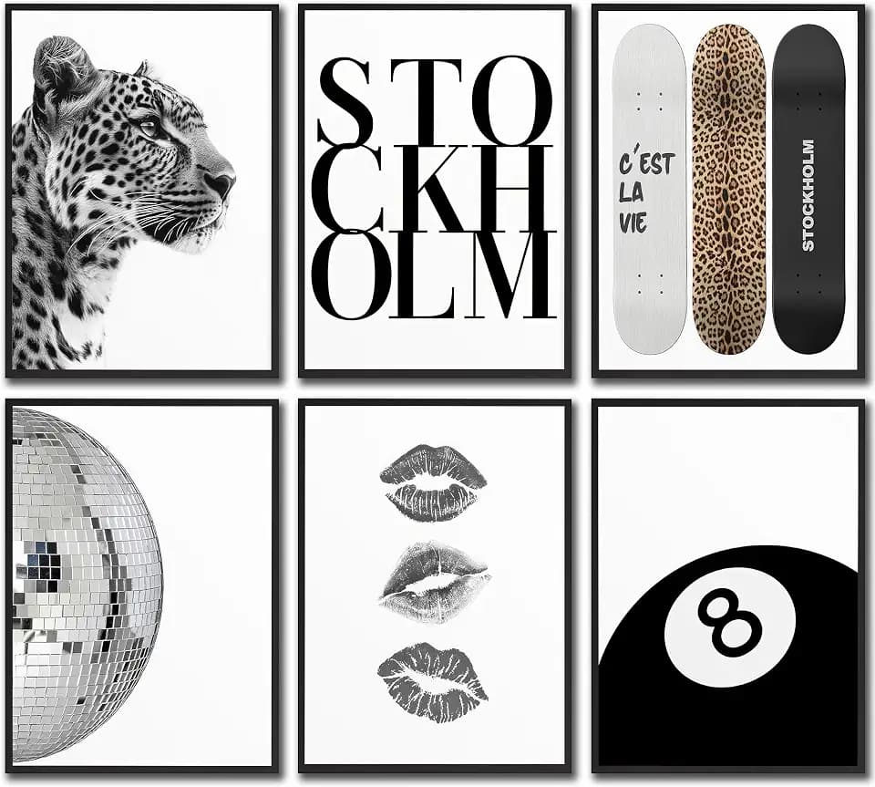 Set of 6 Stockholm Style Women Room Wall Art Black White Trendy Cheetah Canvas Poster Prints Fashion Chic Painting Pictures Artwork Wall Decor for Living Room Bedroom Studio 16x12in Unframed