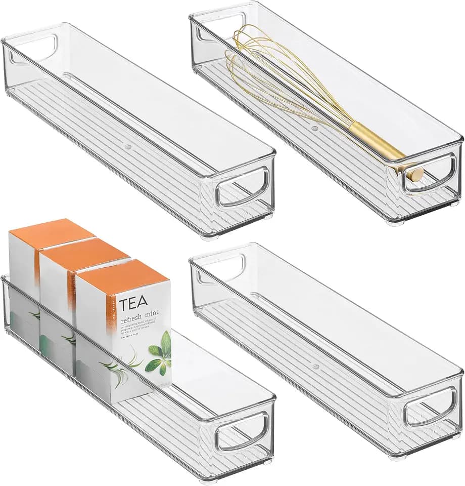 iDesign Slim Clear Plastic Storage Bin, Extra Long Narrow, 4-Pack