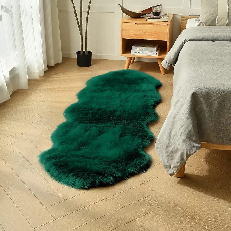 Emerald Green Faux Sheepskin Runner Rugs 2x6 ft, Fluffy Fur Couch Covers