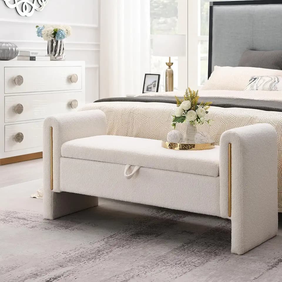 Christopher Knight Home Upholstered Storage Ottoman, Teddy Fabric Bench with Solid Wood Legs, Comfortable Foot Rest Stool, Storage Bench for Bedroom End of Bed, Living Room, Dining Room, White