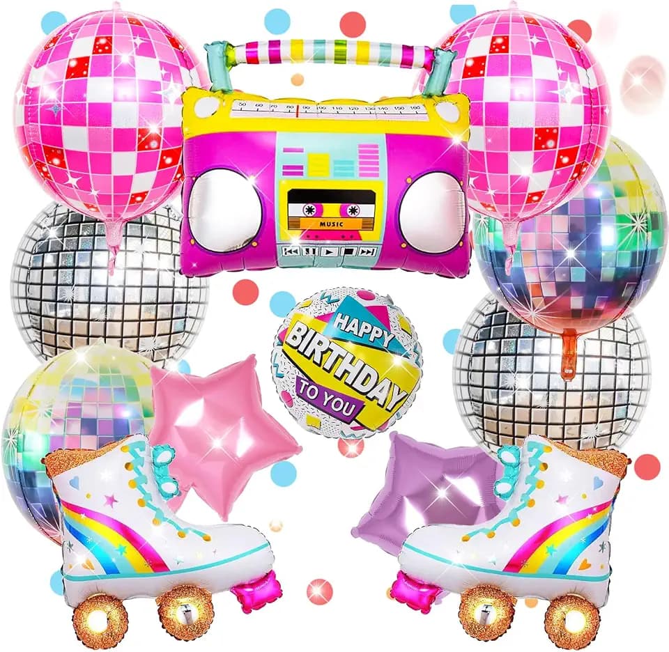 Disco Balloons 12pcs, Roller Skate Boom Box Balloon 22" 4D Round Pink Silver Balloon, Retro Theme Hip Hop Party Birthday Parties 70s 80s 90s Theme Disco Ball Party Decorations