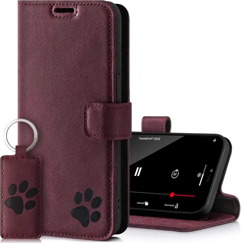 SURAZO Premium Handyhülle für Samsung Galaxy A14 5G – Echtleder Hülle mit Pfote Motiv – Vintage Klapphülle mit Standfunktion, Kartenfach und Schlüsselring - Handmade RFID Schutzhülle (Burgund)