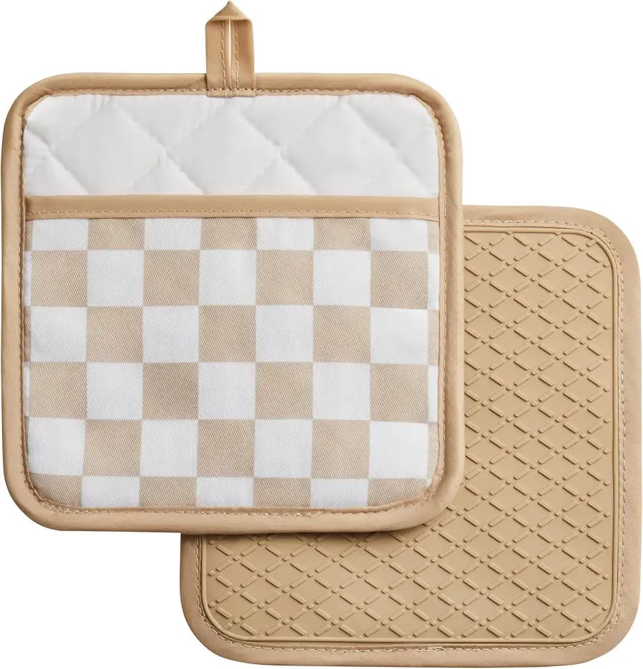 Ohocut Beige Checkered Pot Holder, Checkerboard Potholders for Kitchen, Silicone Pot Holders with Pocket for Kitchen Clearance 2 Pack Set, Hot Pads and Oven Mitts for Cooking Baking
