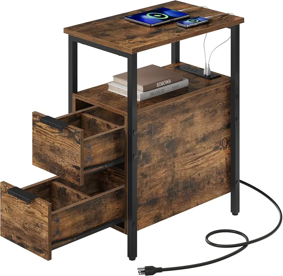 VASAGLE Side End Table with Charging Station, Slim Nightstand with Storage