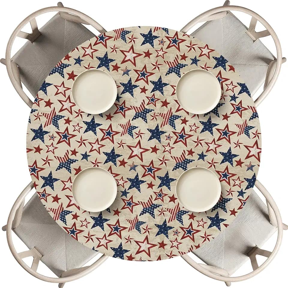 Horaldaily 4th of July Fitted Tablecloth Fit for 45"-56" Round, Wooden Vintage Rustic Patriotic Washable Table Cover Elastic Edged for Dinning, Picnic, Camping, Banquet
