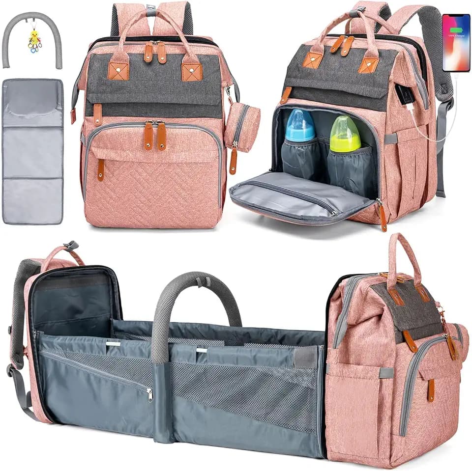 KABAQOO Diaper Bag Backpack with Detachable Changing Station, Large Capacity Baby Diaper Bags for Boys & Girls, Baby Registry Search Stuff & Shower Gifts, Newborn Essentials Must Haves, Pink Grey