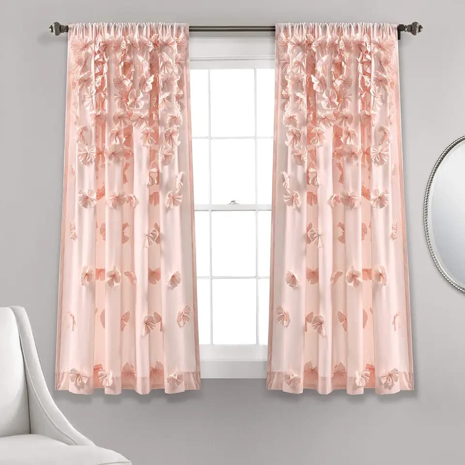 Lush Decor Riley Light Filtering Window Curtain Panel, Single 54" W x 63" L, Blush - Cute Pink Curtains for Bedroom - Bow Decor - Coquette Curtains for Windows