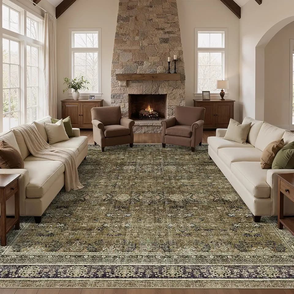 12x15 Area Rugs for Living Room Washable Vintage Brown/Olive Green/Purple