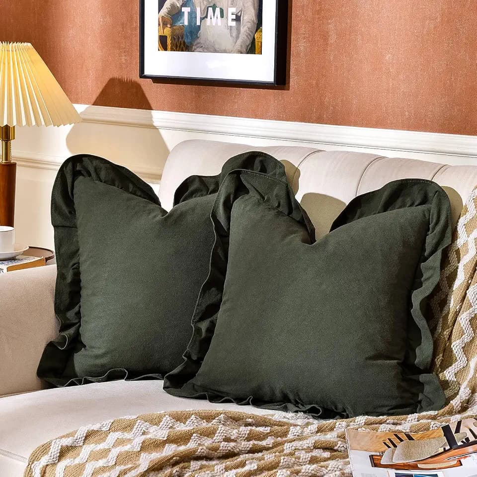 AmHoo Pack of 2 Throw Pillow Covers 100% Cotton Pre Washed Ruffle Decorative Pillowcase Cushion for Couch Sofa Bedroom 24 x 24-Inch Green