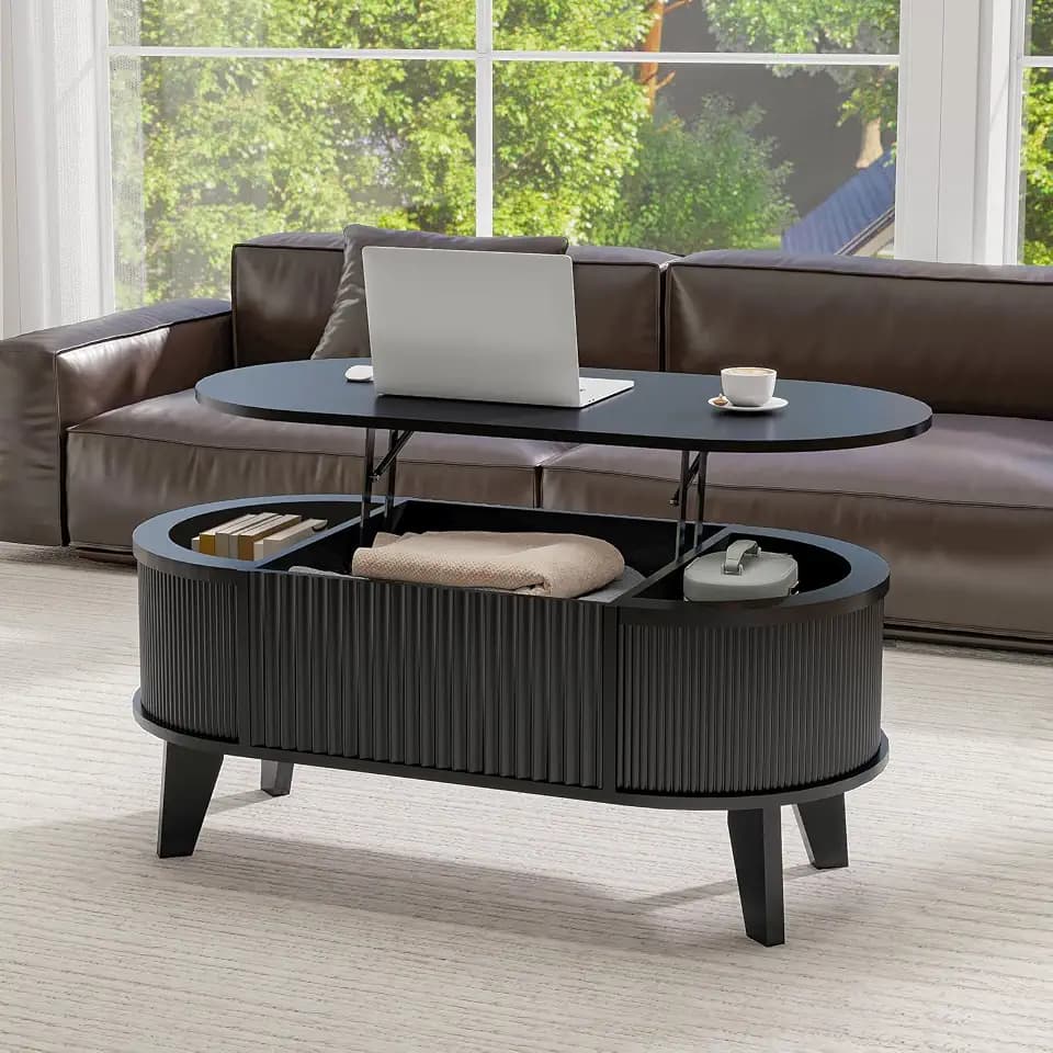 LYNCOHOME 43.3" Black Coffee Table for Living Room with Lifting Top, Oval