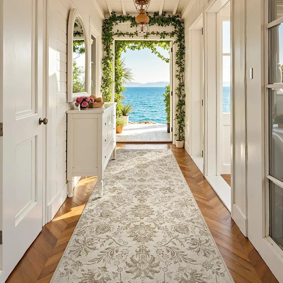 jinchan 3x10 Washable Hallway Runner Rug, Vintage Floral Non-Slip, Taupe
