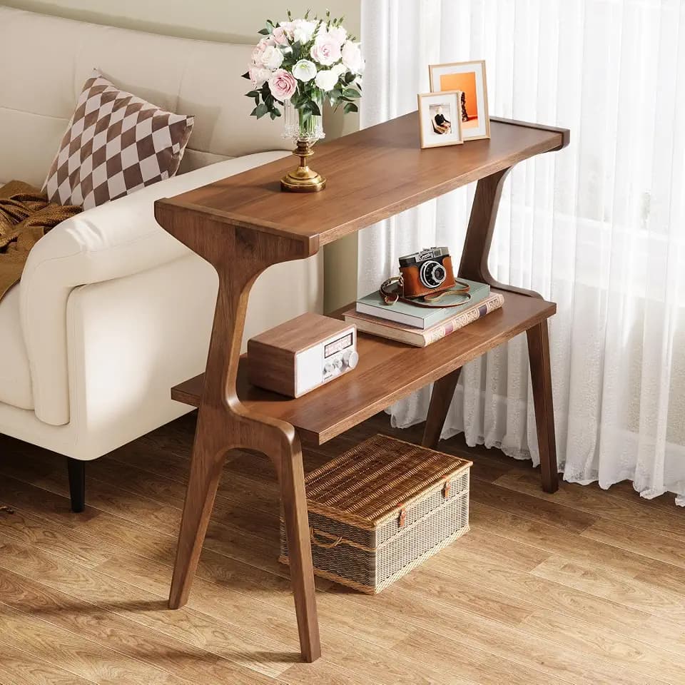 Tribesigns Solid Wood End Table, 2-Tier Farmhouse Side Table with Storage Shelves, Slim Side Table for Couch with Unique Legs, Long Bedside Table for Bedroom, Living Room, Rustic Brown