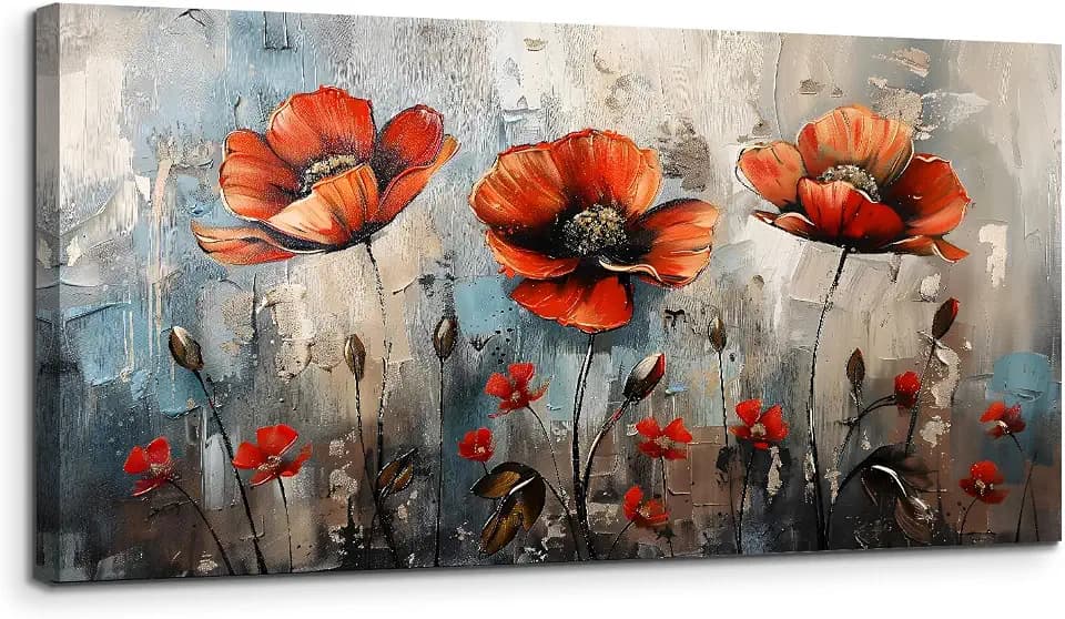 SERIMINO Large Modern Floral Wall Decor, Red Wildflower Artwork 29"X57"